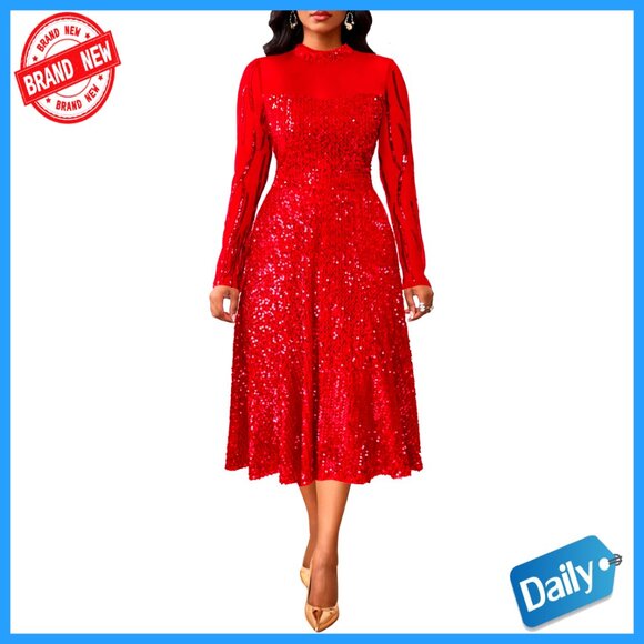 Sparkly Sequin Mesh Long Sleeve Cocktail Dress Elegant Party Evening Wear
